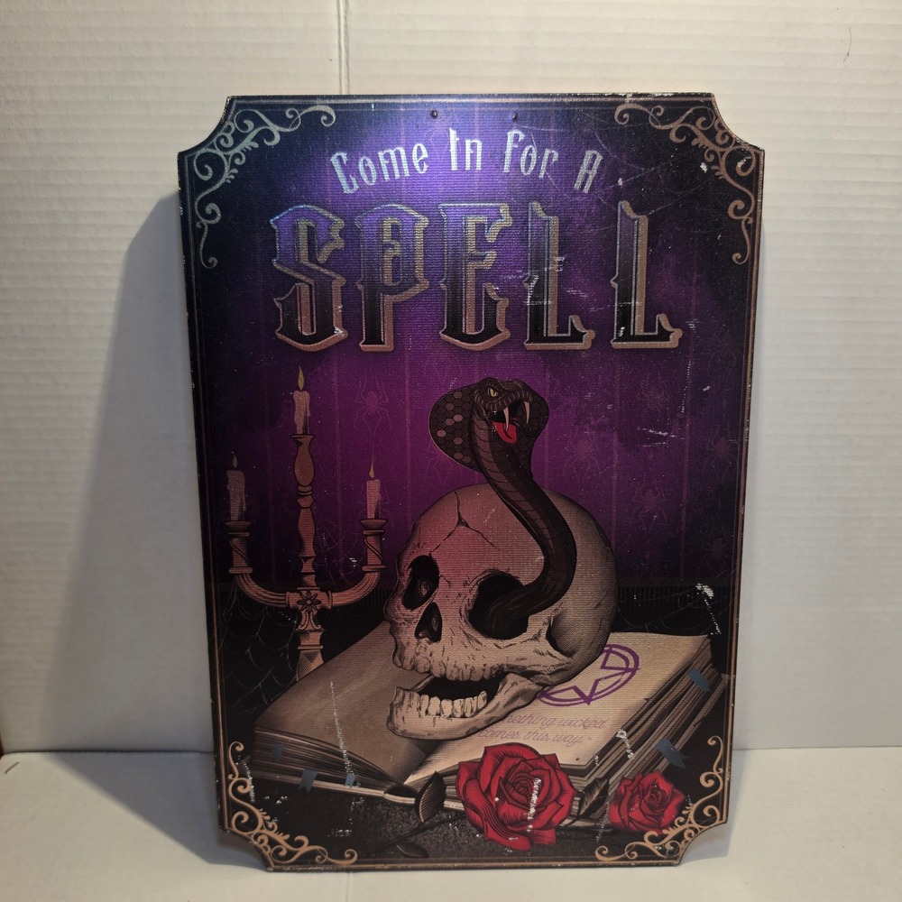 Come In For A Spell Gothic Wall Art Plaque Skull Snake Roses Halloween Decor